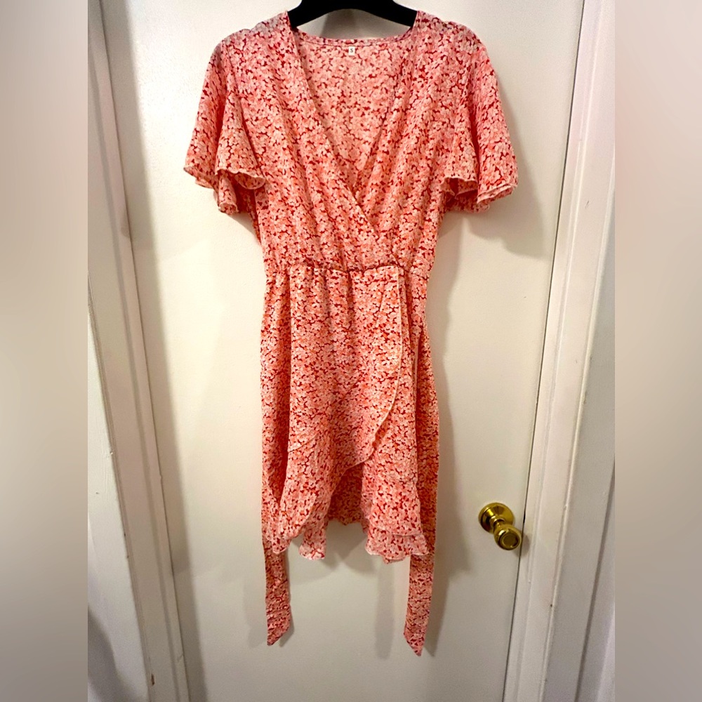Flutter Sleeve Dress, Size Small, Floral Pattern, Coral and Peach, Tie at Waist